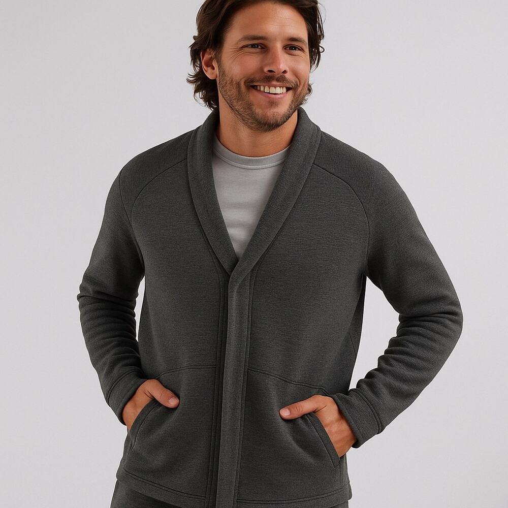 LUNYA LAHGO Restore Double Faced Cardigan Gray Heathered Button Pockets Med NEW